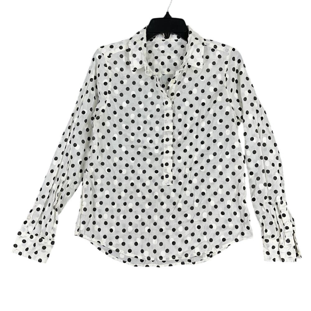 J Crew Polka Dot Henley Collar Long Sleeve Business Formal Blouse Womens S Black